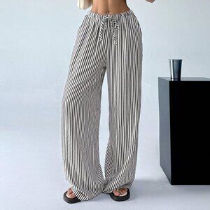 Black And White Casual Women's Striped & Printed Long Pants